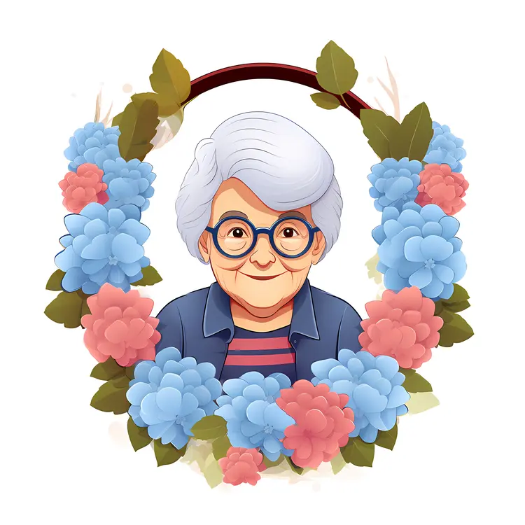 Elderly Woman with Floral Wreath Illustration for Grandparents Day