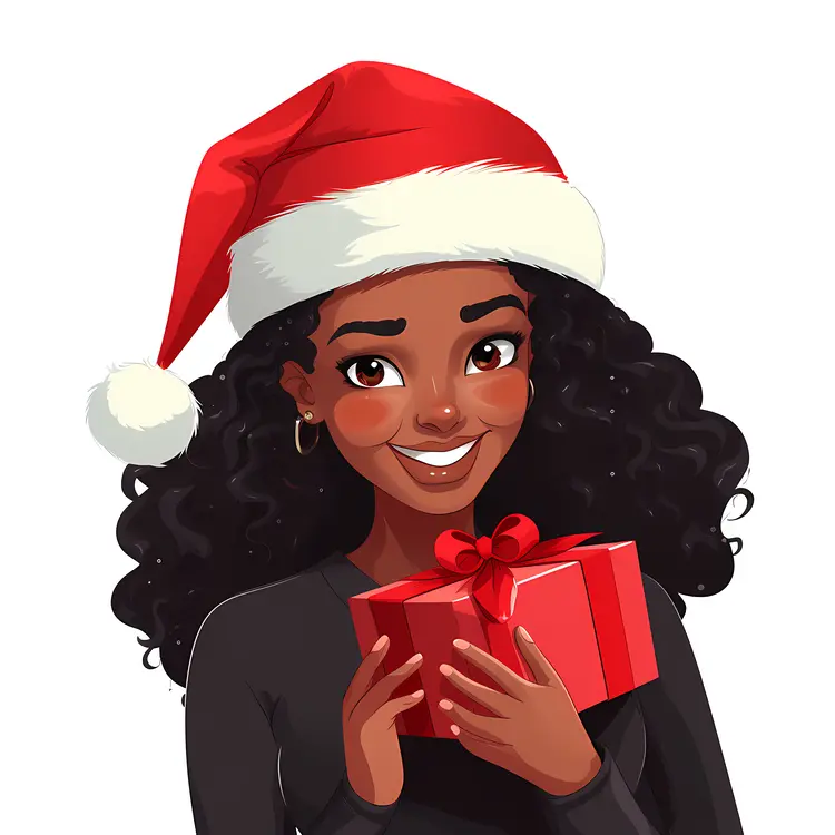 Girl with Curly Hair and Santa Hat Holding a Red Gift