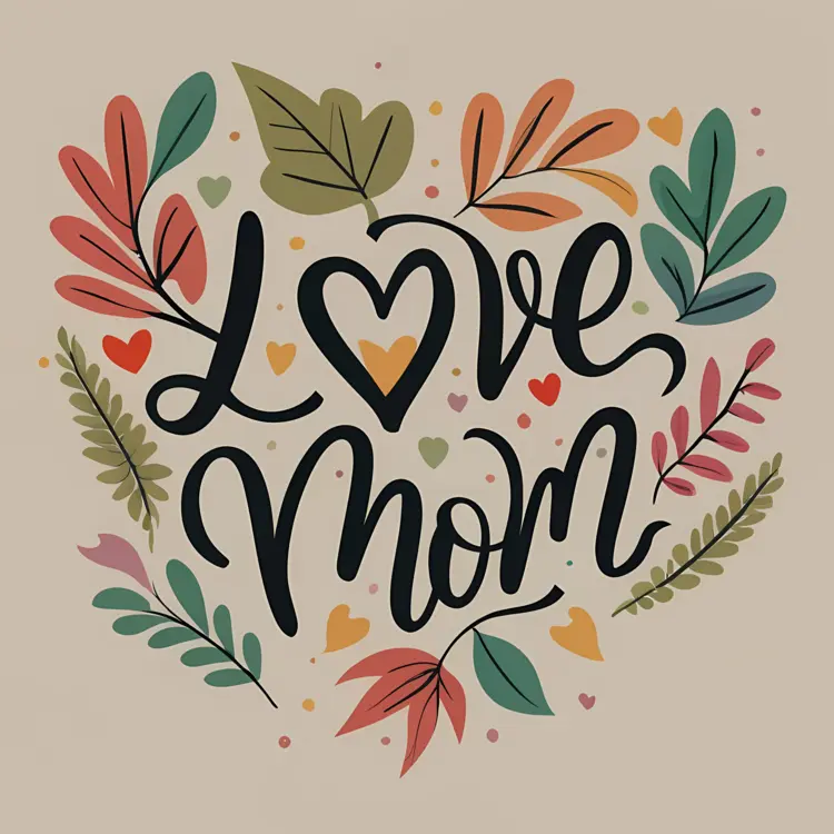 Love Mom Heart with Simple Leaves