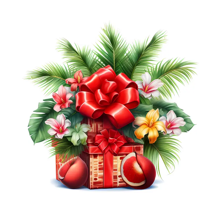 Tropical Gift Box with Flowers and Red Ribbon