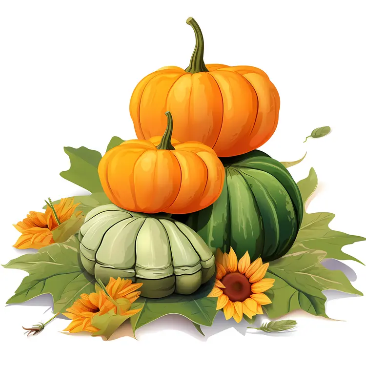 Stacked Pumpkins with Sunflowers and Leaves