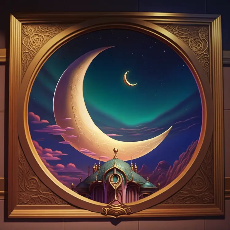 Crescent Moon in Ornate Frame with Night Sky