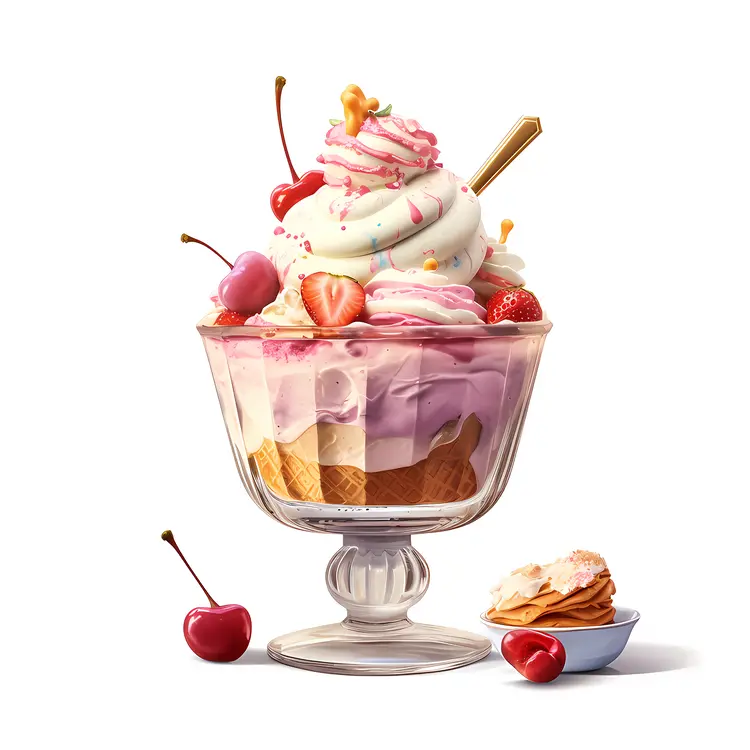 Delicious Ice Cream Sundae with Cherries and Strawberries