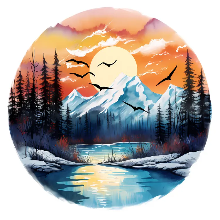 Mountain and Lake Landscape at Sunset