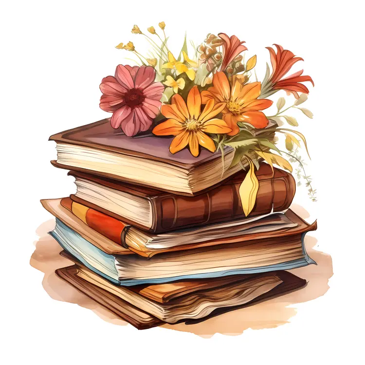 Stack of Books with Colorful Flowers