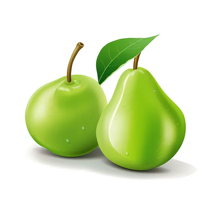 Two Green Pears with Leaf