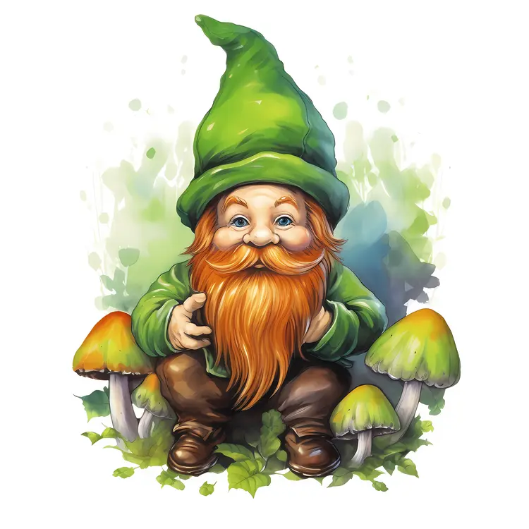 Cute Gnome with Green Hat and Mushrooms