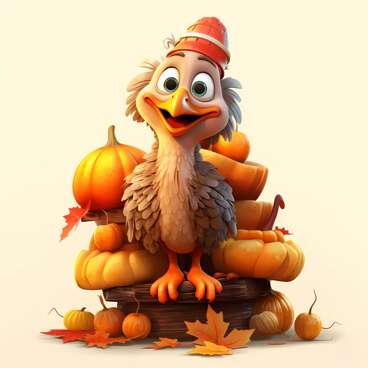 Happy Turkey with Pumpkins and Autumn Leaves