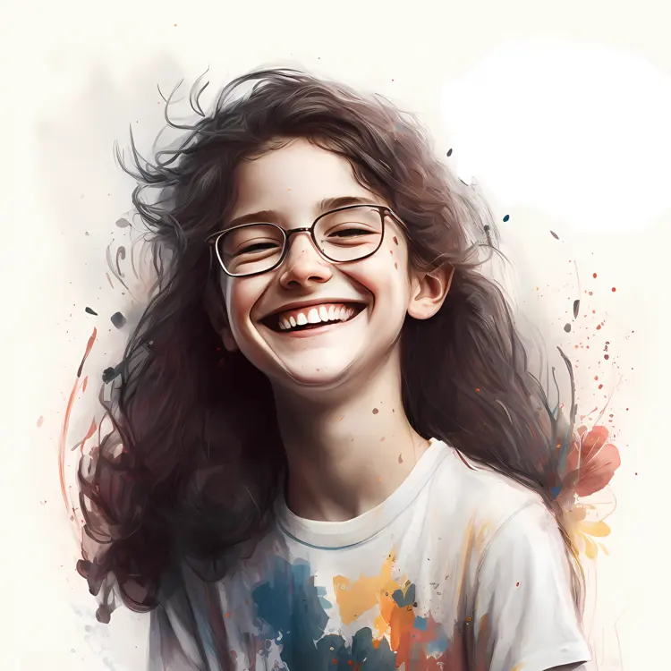 Smiling Girl with Glasses and Colorful Shirt
