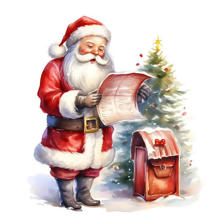 Santa Claus Reading a Letter by a Christmas Tree