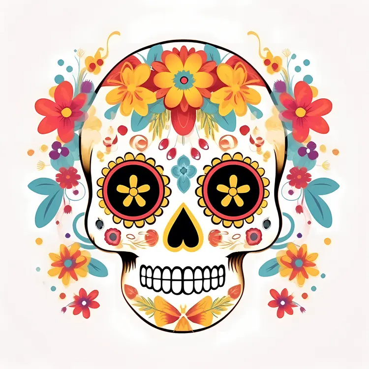 Colorful Sugar Skull with Floral Patterns for Day of the Dead Celebration