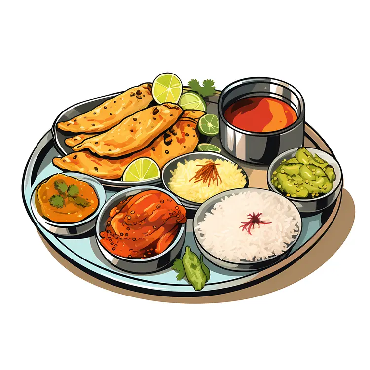 Traditional Indian Thali with Rice and Curry