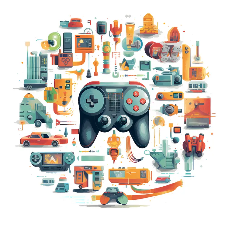 Colorful Game Controller and Gaming Accessories Illustration