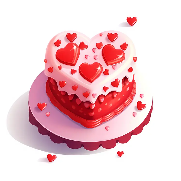 Heart Cake with Pink Frosting and Red Hearts