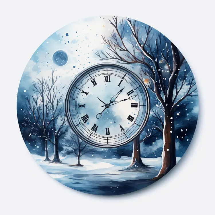 Winter Night Clock with Snowy Trees and Moon