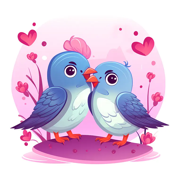 Cute Love Birds with Hearts and Flowers for Valentine's Day