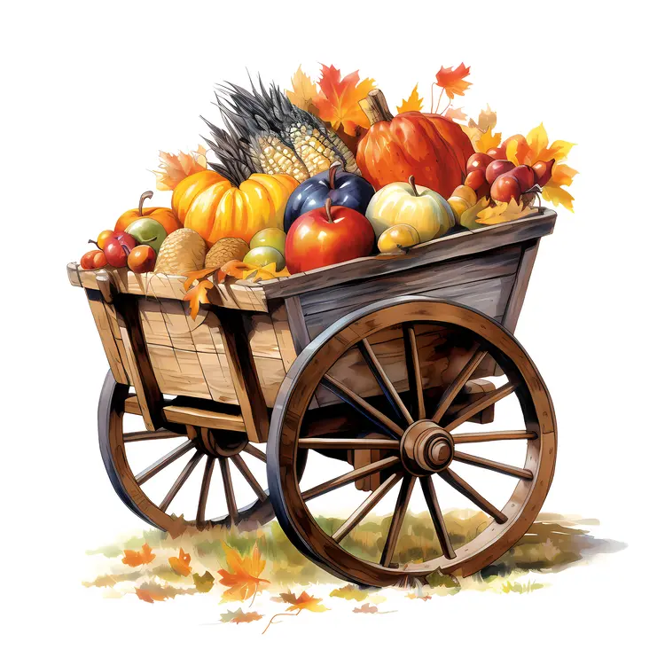 Autumn Harvest Cart with Pumpkins and Corn