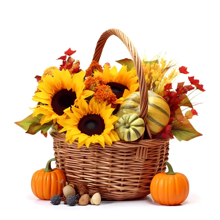 Autumn Harvest Basket with Sunflowers and Pumpkins