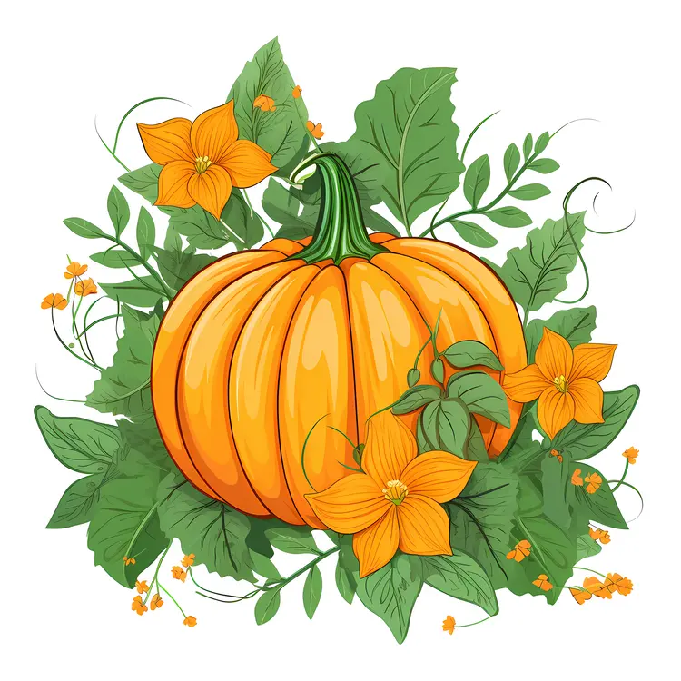 Pumpkin with Green Leaves and Yellow Flowers