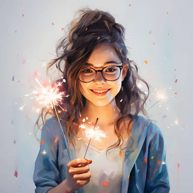 Girl with Glasses Holding Sparklers