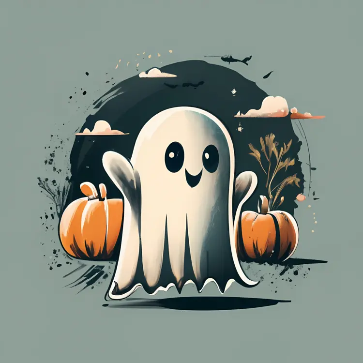 Smiling Ghost with Pumpkins and Bats on Halloween Night