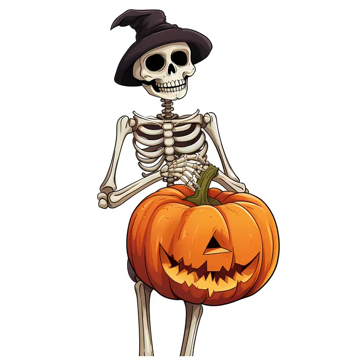 Skeleton with Pumpkin and Hat