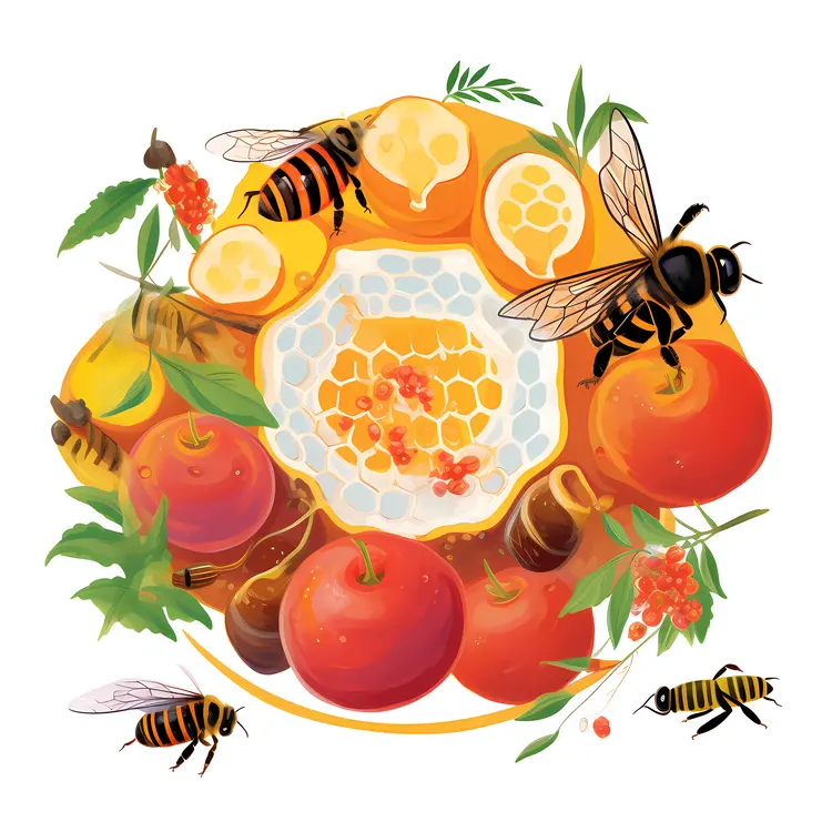 Honeycomb with Bees and Apples Illustration