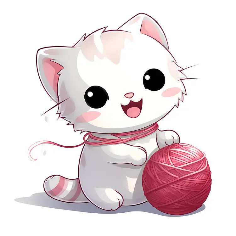 Cute Cartoon Cat Playing with Yarn Ball