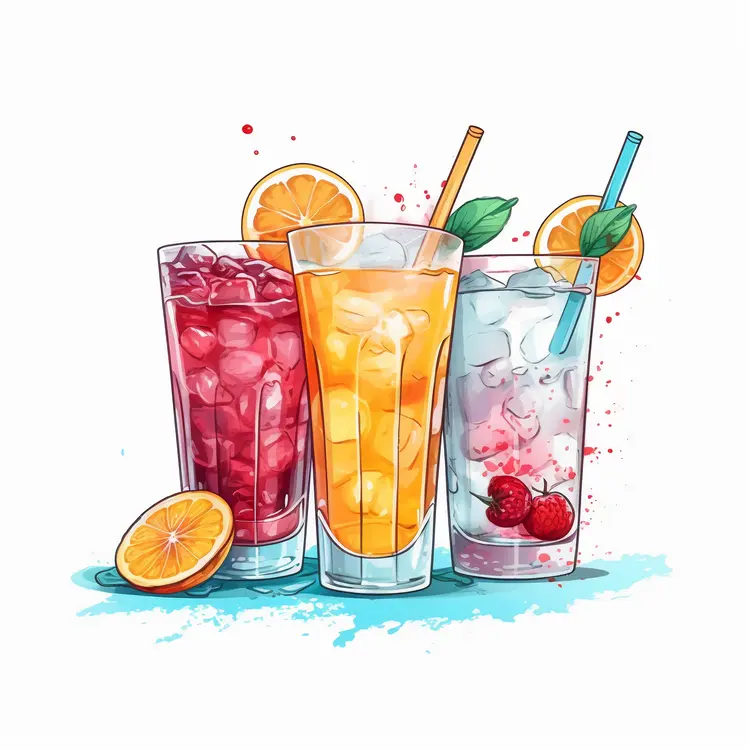 Refreshing Glasses of Juice with Ice and Fruit Slices