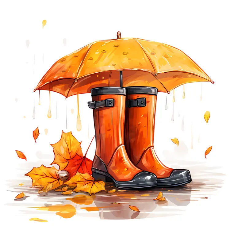Orange Rain Boots and Umbrella with Autumn Leaves