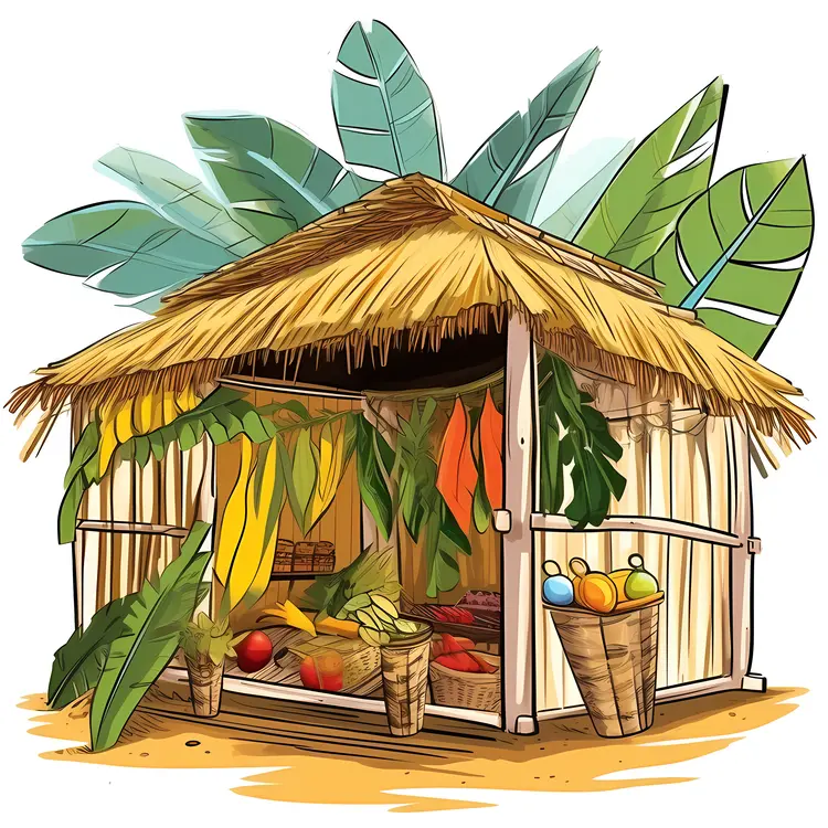 Tropical Hut with Fruits and Leaves
