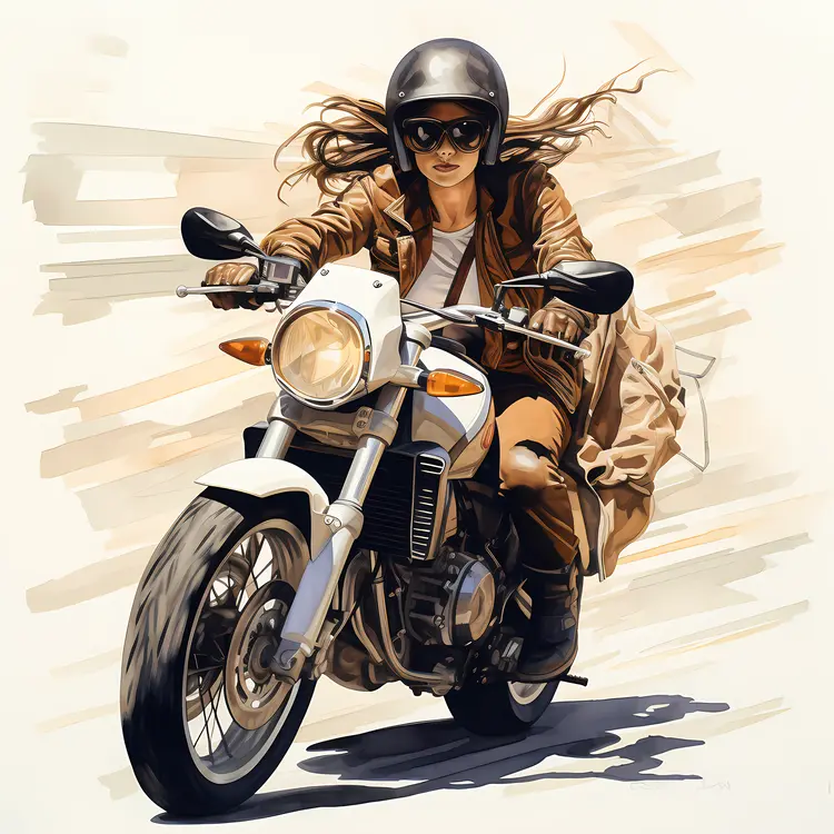 Illustrated Girl Biker on White Motorcycle