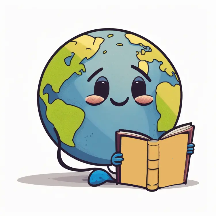 Cute Cartoon Earth Reading a Book