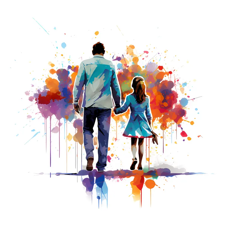 Father and Daughter Walking Together in Colorful Watercolor Art