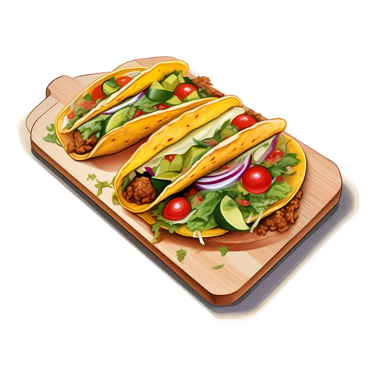 Delicious Tacos on Wooden Board