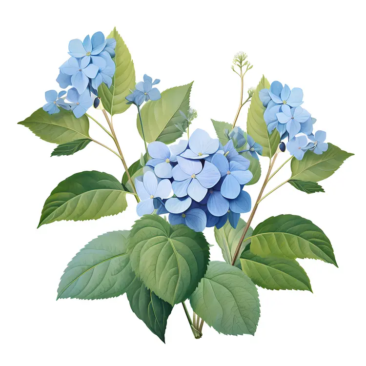 Cluster of Blue Hydrangeas with Green Leaves