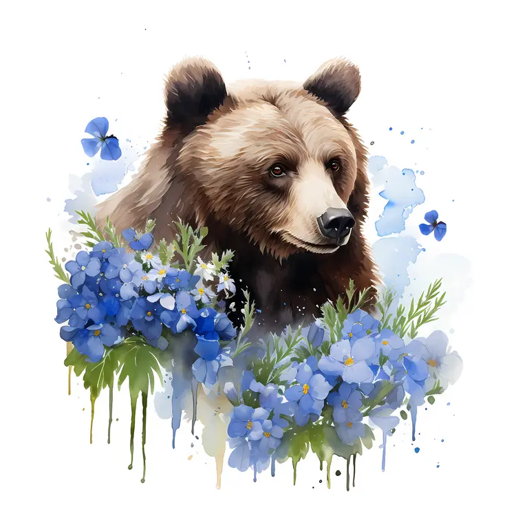 Bear with Blue and White Flowers