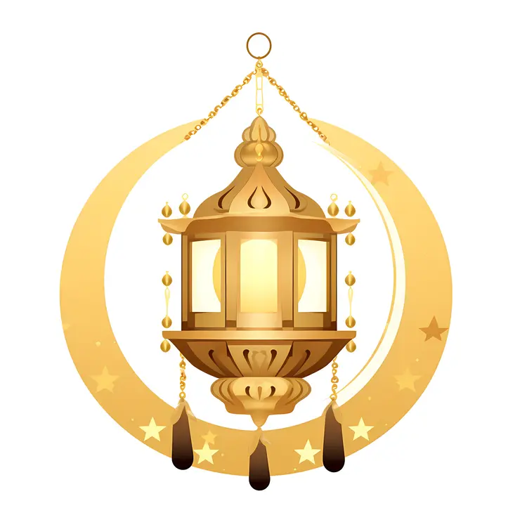 Golden Lantern with Crescent Moon and Stars for Ramadan