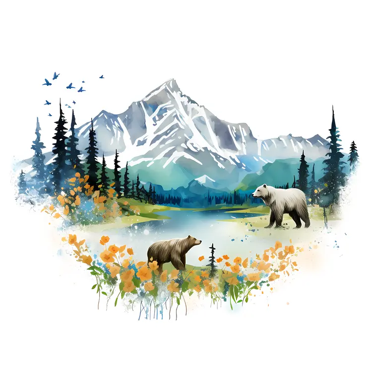 Bears in a Flower-filled Mountain Landscape