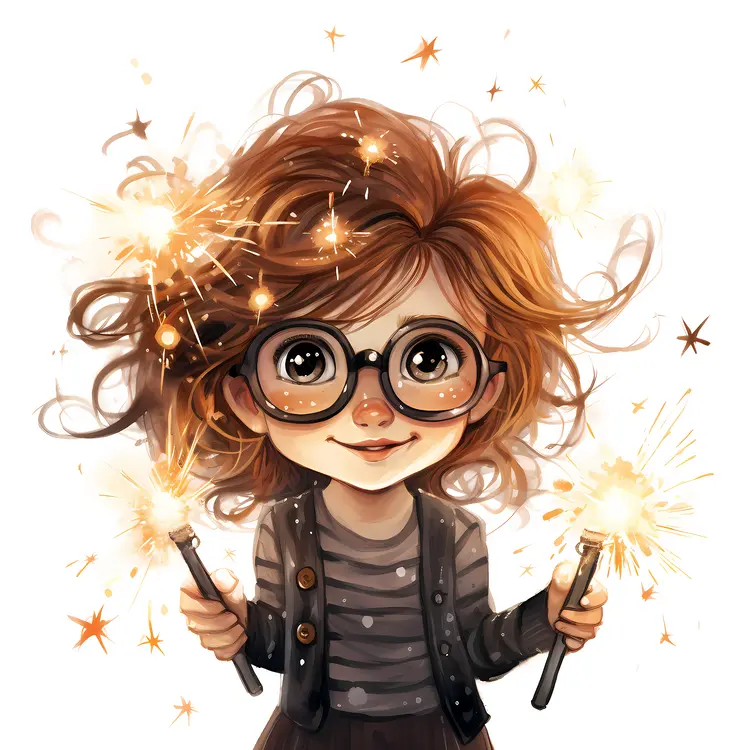 Illustration of Girl with Glasses Holding Two Sparklers