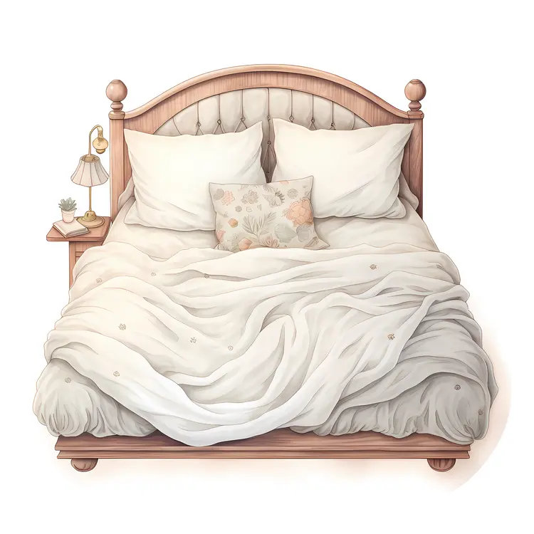 Elegant Bed with White Bedding and Wooden Headboard