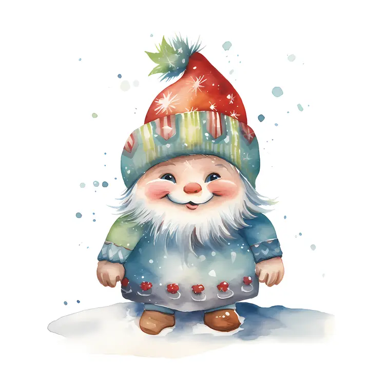 Smiling Gnome in Red Hat with Snowflakes