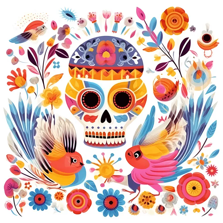 Colorful Sugar Skull with Flowers and Birds for Day of the Dead