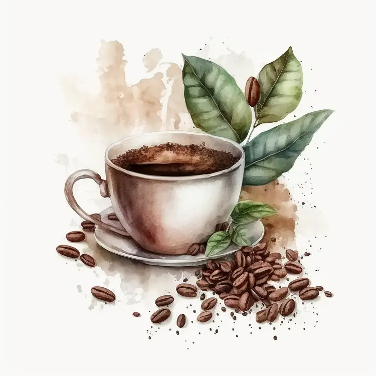 Beautiful Coffee Cup with Beans and Leaves
