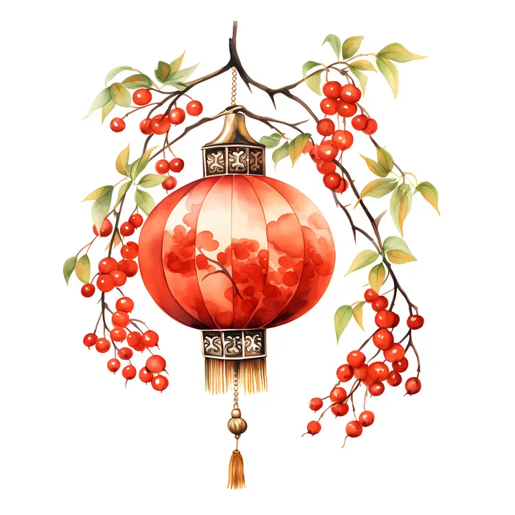 Red Lantern with Red Berries for Chinese New Year