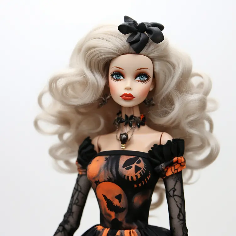 Blonde Halloween Doll in Black Dress with Pumpkin