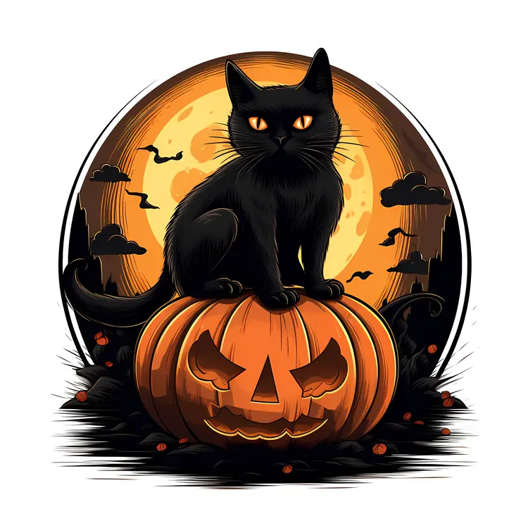 Black Cat on Pumpkin with Full Moon for Halloween
