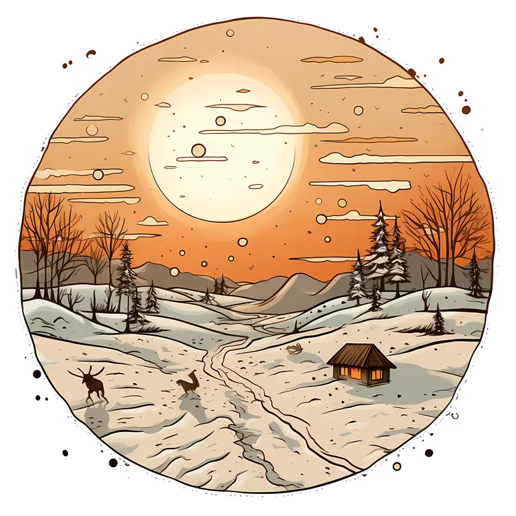 Winter Sunset Landscape with Cabin