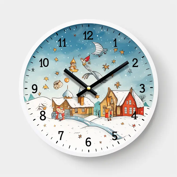 Winter Clock with Snowy Village and Stars