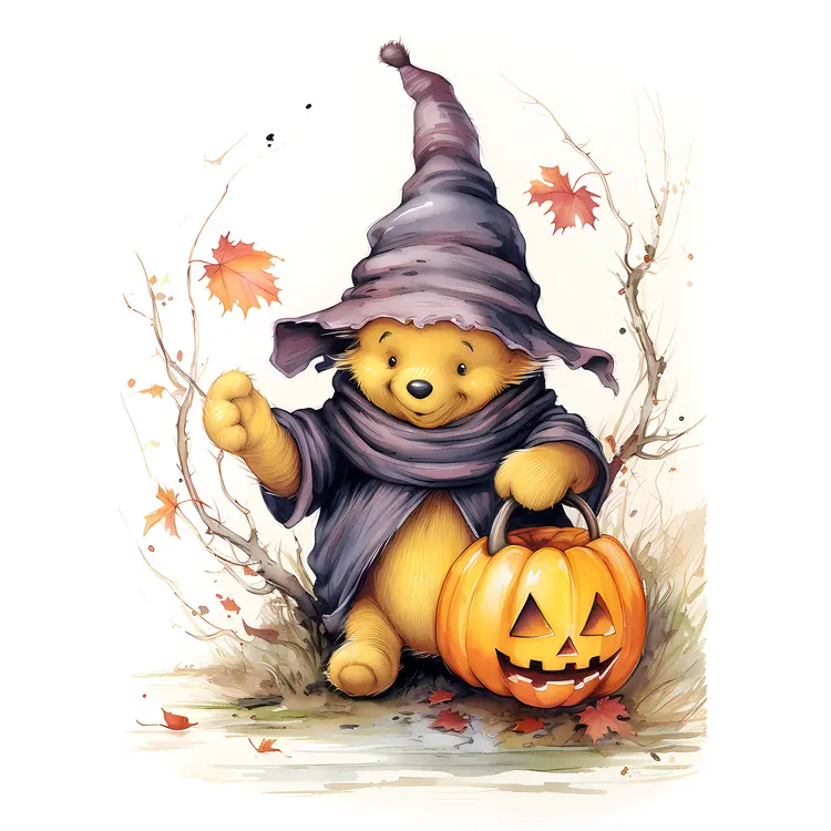 Cute Bear in Witch Costume with Pumpkin